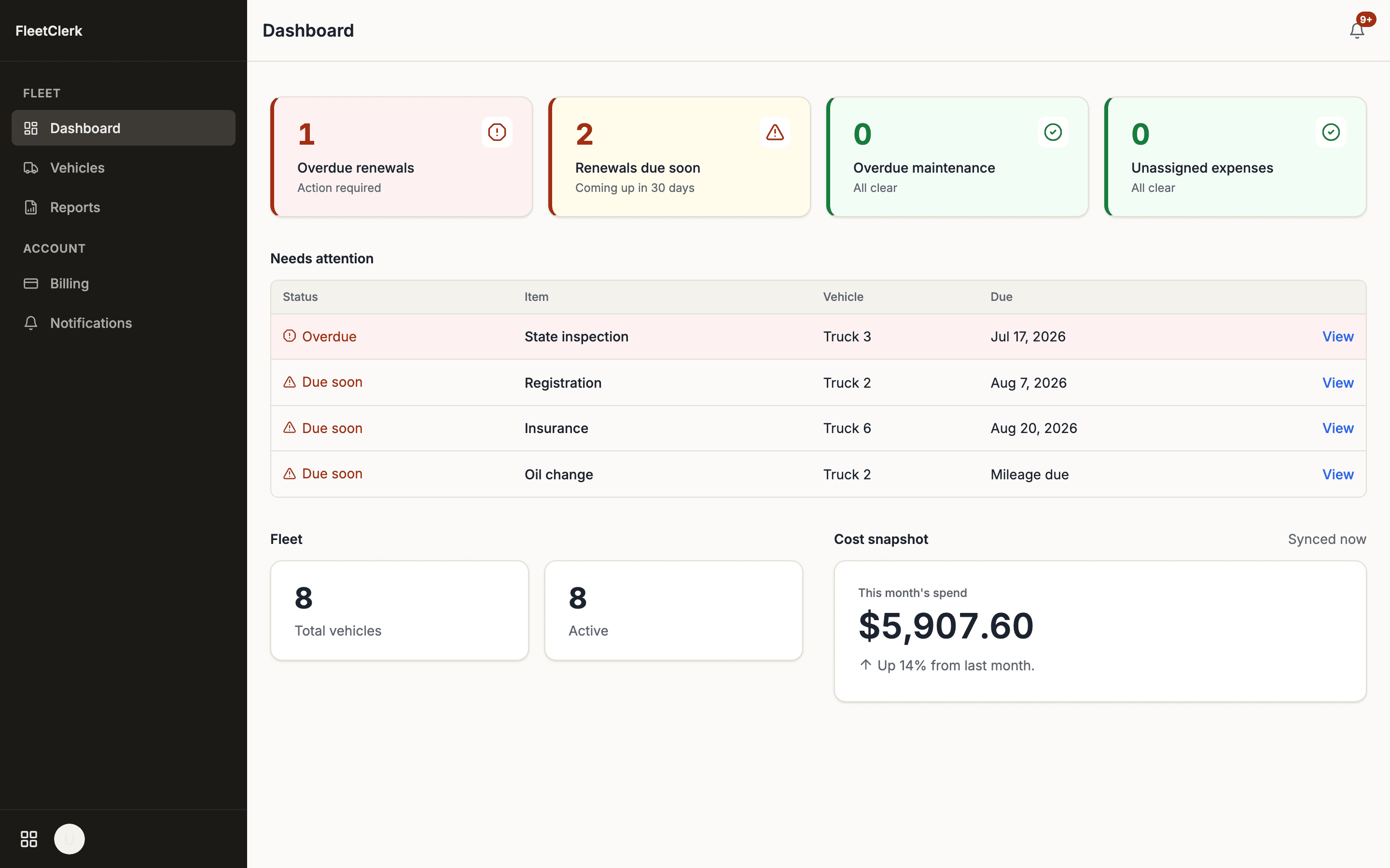 FleetClerk dashboard for an 8-truck HVAC shop: one overdue state inspection, two renewals due soon, and this month's fleet spend synced from QuickBooks.