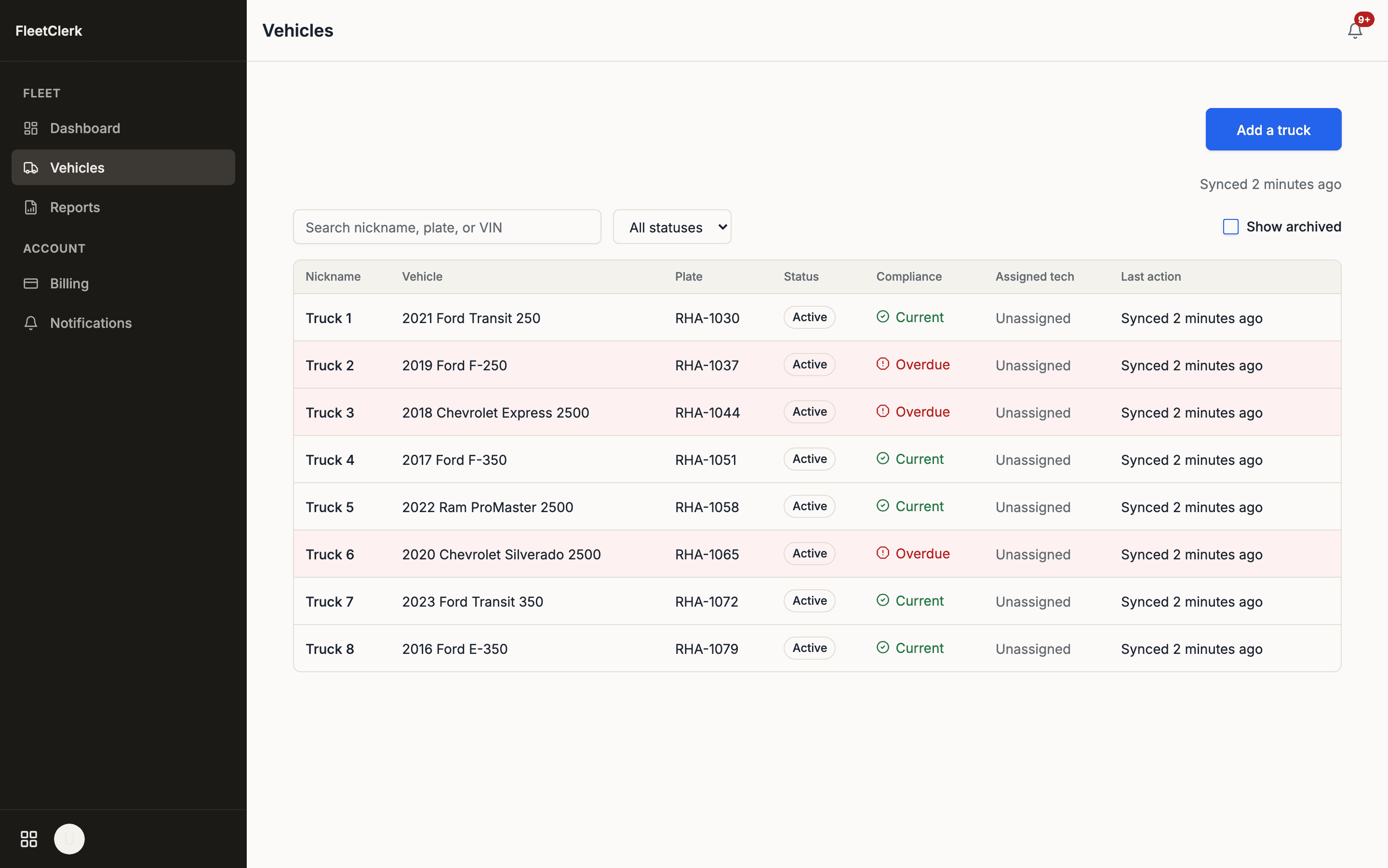 Vehicles list with a compliance column — trucks with expired or due items flagged red at a glance.